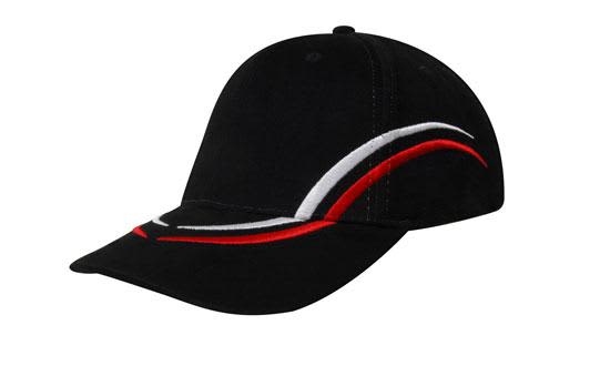Brushed Heavy Cotton with Curved Embroidery on Crown and Peak HE-4075 A black cap featuring curved red and white embroidery on the crown and peak. It includes a logo.
