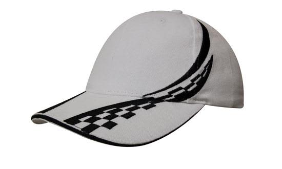 Brushed Heavy Cotton with Swirling Checks & Sandwich HE-4076 A white cap with a checkered black design along the brim. It features a logo on the front.