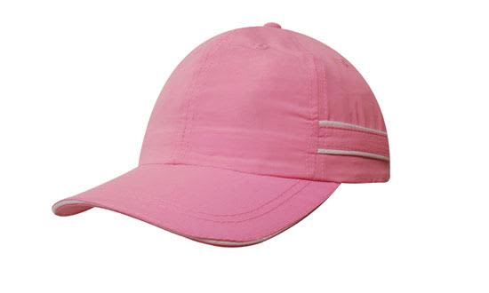 Microfibre Sports Cap with Piping and Sandwich HE-4077 A pink microfibre sports cap featuring piping and a sandwich brim, with a logo on the front.