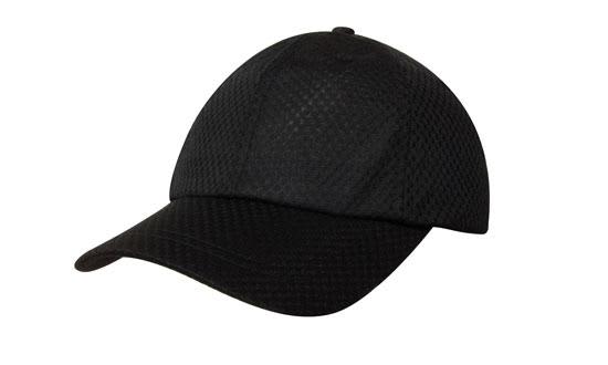 Sports Mesh HE-4078 A black cap made from breathable mesh fabric featuring a curved brim and a logo on the side.