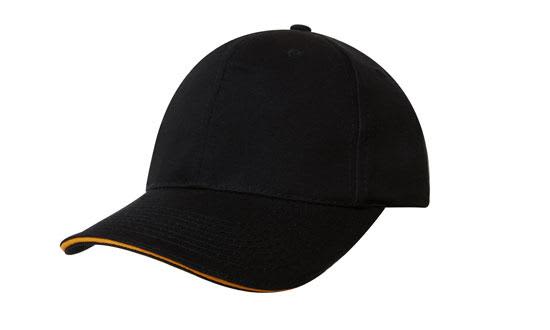Chino Twill with Sandwich Trim HE-4080 A black cap with a sandwich trim featuring an orange accent and a logo on the front.
