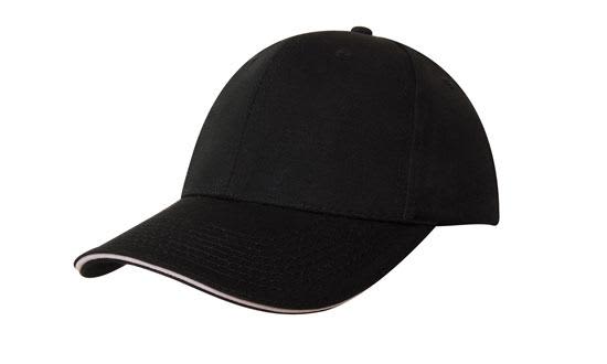 Chino Twill with Sandwich Trim HE-4080 A black cap with a sandwich trim detail along the brim and a logo on the front.