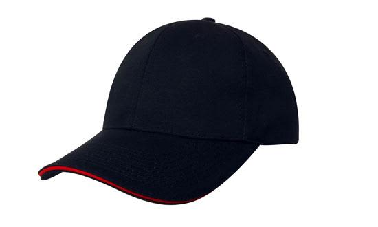 Chino Twill with Sandwich Trim HE-4080 A black cap with a red sandwich trim and a logo on the front. Suitable for various outdoor activities.