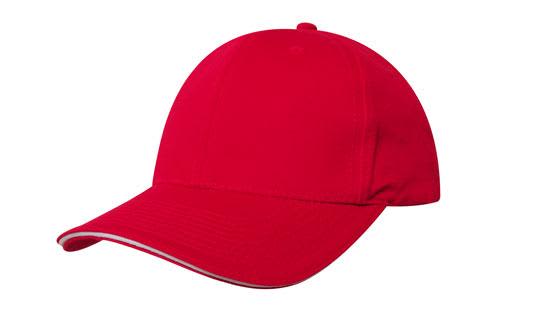 Chino Twill with Sandwich Trim HE-4080 A red cap featuring a sandwich trim and a branding logo, suitable for promotional purposes.