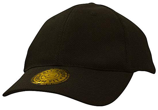 Double Pique Mesh with Dream Fit Styling HE-4090 A black cap made from double pique mesh with a round logo on the front. Features dream fit styling.