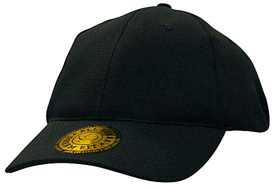 Double Pique Mesh with Dream Fit Styling HE-4090 A black cap featuring double pique mesh fabric and dream fit styling, with a logo on the front.