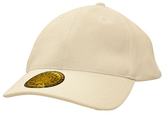 Double Pique Mesh with Dream Fit Styling HE-4090 A cream-coloured cap made from double pique mesh with a curved brim and a logo on the front.
