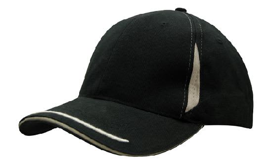 Brushed Heavy Cotton with Crown Inserts, Peak Trim & Sandwich HE-4098 A black hat featuring peak trim, sandwich design, and crown inserts with contrasting stitching. It has a logo.
