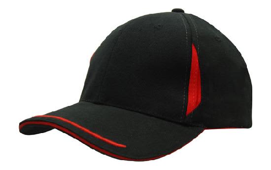 Brushed Heavy Cotton with Crown Inserts, Peak Trim & Sandwich HE-4098 A black cap with red peak trim and sandwich accents, featuring crown inserts and a logo.