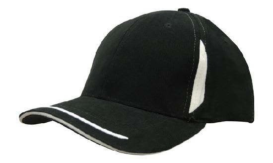 Brushed Heavy Cotton with Crown Inserts, Peak Trim & Sandwich HE-4098 A black baseball cap with a white peak trim and sandwich design, featuring a contrasting side panel and logo.