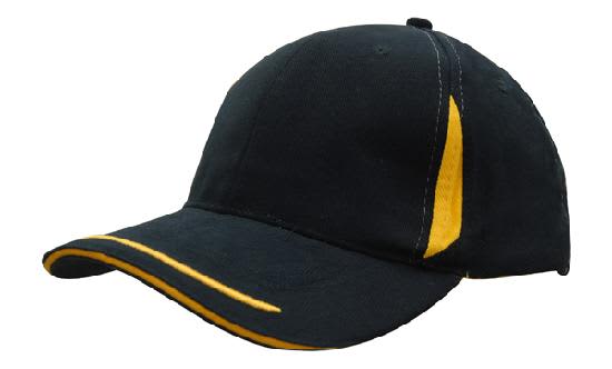 Brushed Heavy Cotton with Crown Inserts, Peak Trim & Sandwich HE-4098 A black cap with yellow crown inserts, peak trim, and sandwich detailing, featuring a logo.