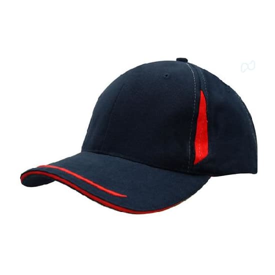 Brushed Heavy Cotton with Crown Inserts, Peak Trim & Sandwich HE-4098 A navy cap with red peak trim and sandwich detailing, featuring crown inserts and a logo.
