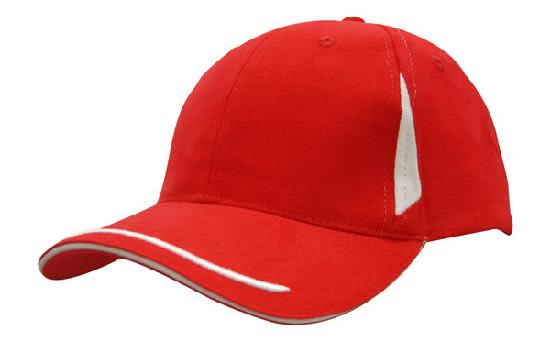 Brushed Heavy Cotton with Crown Inserts, Peak Trim & Sandwich HE-4098 A red cap with white peak trim and sandwich detailing, featuring a logo on the side.
