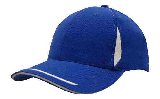 Brushed Heavy Cotton with Crown Inserts, Peak Trim & Sandwich HE-4098 A blue cap with a peak trim and sandwich detailing, featuring contrasting white inserts. Includes a logo.
