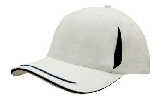 Brushed Heavy Cotton with Crown Inserts, Peak Trim & Sandwich HE-4098 A white cap with a black peak trim, crown inserts, and sandwich details. It features a logo on the side.