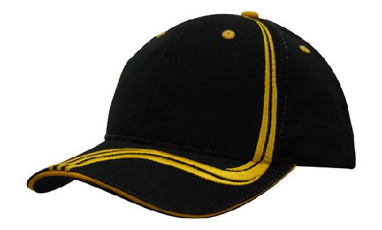 Brushed Heavy Cotton with Waving Stripes on Crown & Peak HE-4099 A black cap with yellow waving stripes on the crown and peak, featuring a logo on the front.