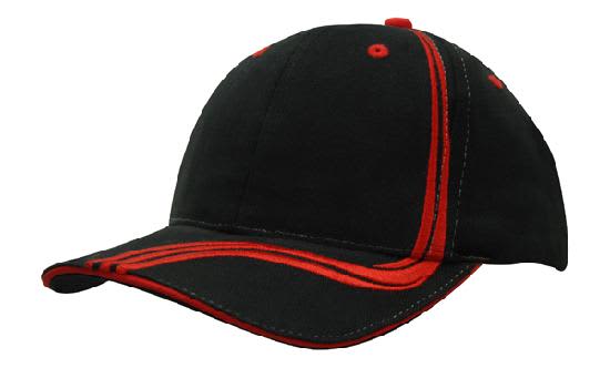 Brushed Heavy Cotton with Waving Stripes on Crown & Peak HE-4099 A black cap with red waving stripes on the crown and peak. The cap features contrasting stitching and a logo.