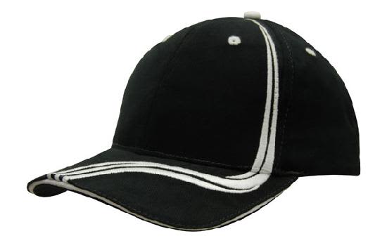 Brushed Heavy Cotton with Waving Stripes on Crown & Peak HE-4099 A black cap featuring brushed heavy cotton with white waving stripes on the crown and peak. Includes a logo.