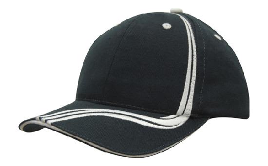 Brushed Heavy Cotton with Waving Stripes on Crown & Peak HE-4099 A cap in navy blue with waving stripes on the crown and peak. It features contrasting stitching and a logo.
