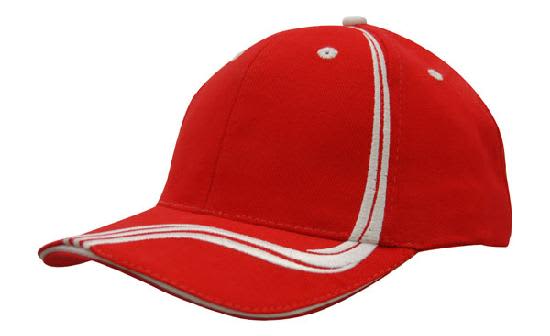 Brushed Heavy Cotton with Waving Stripes on Crown & Peak HE-4099 A red cap with white waving stripes on the crown and peak, featuring a logo.