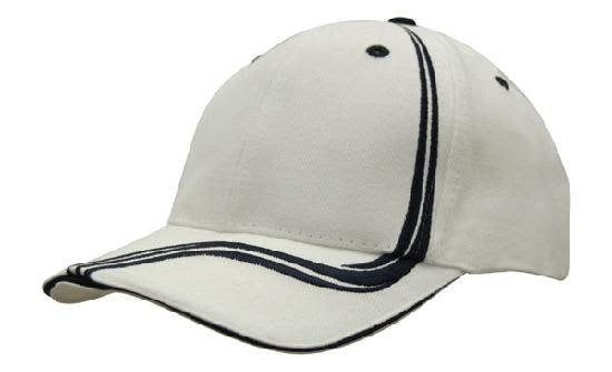 Brushed Heavy Cotton with Waving Stripes on Crown & Peak HE-4099 A beige cap featuring waving navy stripes on the crown and peak, with a logo on the front.