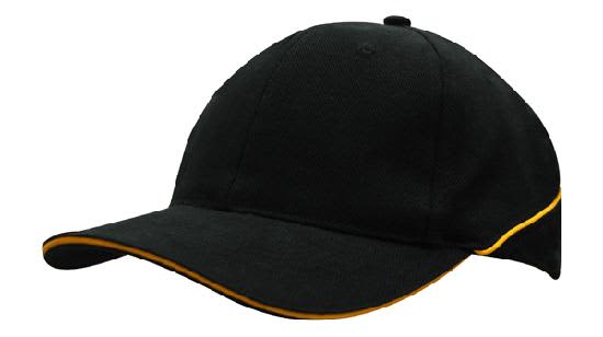 Brushed Heavy Cotton with Crown Piping and Sandwich HE-4103 A black cap featuring crown piping in yellow along the brim, with a logo present.