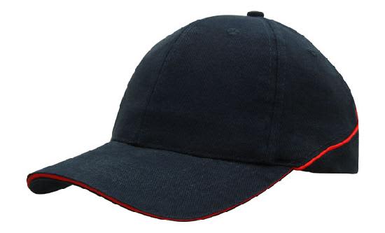 Brushed Heavy Cotton with Crown Piping and Sandwich HE-4103 A blue cap with a red piping along the brim, featuring a logo on the front.