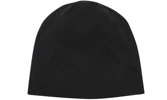 Cotton Beanie - Toque HE-4108 A black cotton beanie toque with a smooth finish. It features a simple design and has a logo.