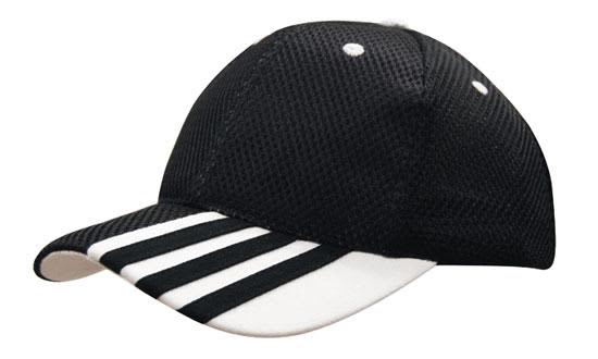 Sandwich Mesh with Striping on Peak HE-4109 A black cap with a mesh design and white stripe detailing on the peak, featuring a logo on the front.