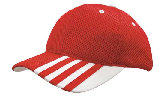 Sandwich Mesh with Striping on Peak HE-4109 A red cap with mesh detailing and white striping on the peak, featuring a logo.
