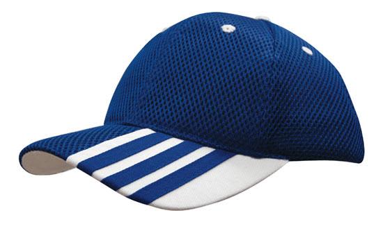 Sandwich Mesh with Striping on Peak HE-4109 A blue mesh cap with white striping on the peak and a logo on the side.