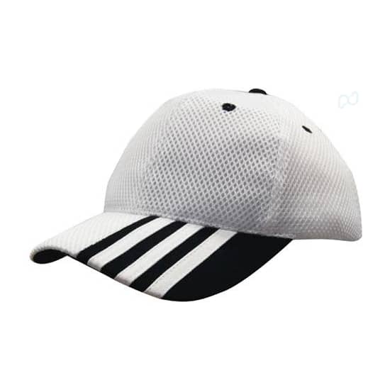 Sandwich Mesh with Striping on Peak HE-4109 A cap featuring a white mesh body with black striping on the peak and a logo on the front.