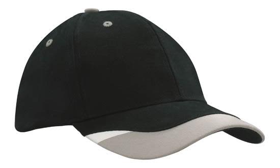 Brushed Heavy Cotton with Peak Inserts & Printed Trim HE-4125 A black cap with a grey peak insert and printed trim, featuring ventilation eyelets and a logo.