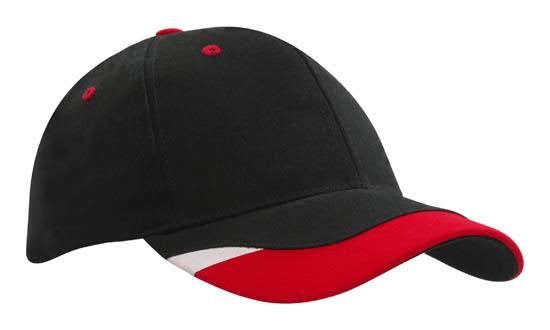 Brushed Heavy Cotton with Peak Inserts & Printed Trim HE-4125 A black cap with a red peak, featuring red inserts and a logo on the front.