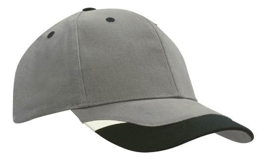 Brushed Heavy Cotton with Peak Inserts & Printed Trim HE-4125 A grey cap with black peak inserts and printed trim, featuring a logo on the front.