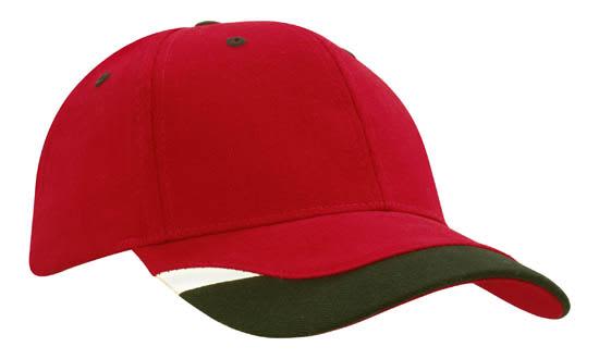 Brushed Heavy Cotton with Peak Inserts & Printed Trim HE-4125 A red cap featuring green peak inserts and printed trim, complete with a logo.