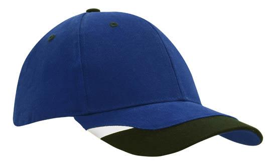 Brushed Heavy Cotton with Peak Inserts & Printed Trim HE-4125 A blue cap with a black peak and white trim, featuring a logo on the front.