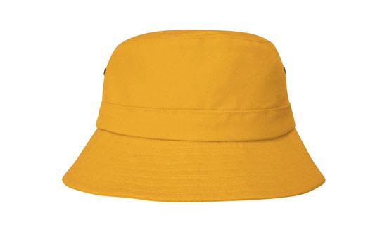 Brushed Sports Twill Childs Bucket Hat HE-4131 A yellow brushed sports twill child's bucket hat with a rounded crown and wide brim. Features a logo.
