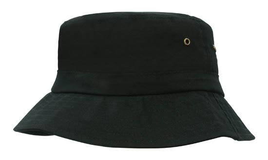 Brushed Sports Twill Childs Bucket Hat HE-4131 A black brushed sports twill bucket hat with brass eyelets for ventilation. Features a wide brim design.