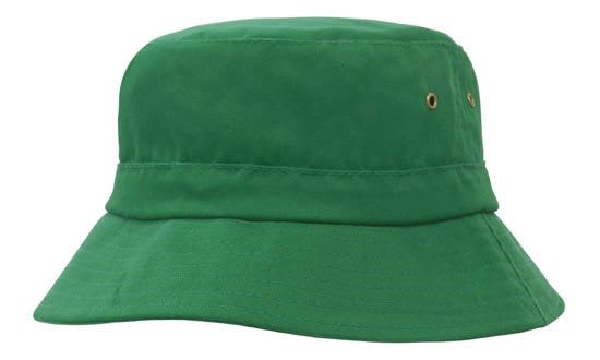 Brushed Sports Twill Childs Bucket Hat HE-4131 A green brushed sports twill children's bucket hat with a wide brim and metal eyelets. The hat features a simple design.