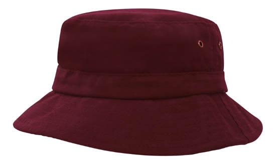 Brushed Sports Twill Childs Bucket Hat HE-4131 A burgundy brushed sports twill child's bucket hat with a wide brim and ventilation holes.
