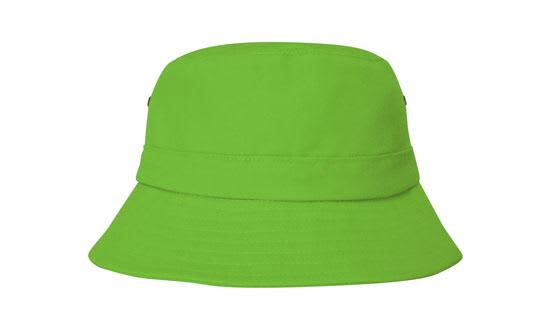 Brushed Sports Twill Youth Bucket Hat HE-4133 A bright green infants' bucket hat with a simple design and a logo. Ideal for sunny days.