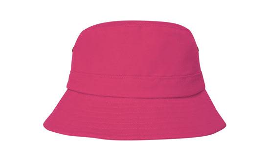 Brushed Sports Twill Youth Bucket Hat HE-4133 A pink infants bucket hat with a wide brim and a logo on the side.