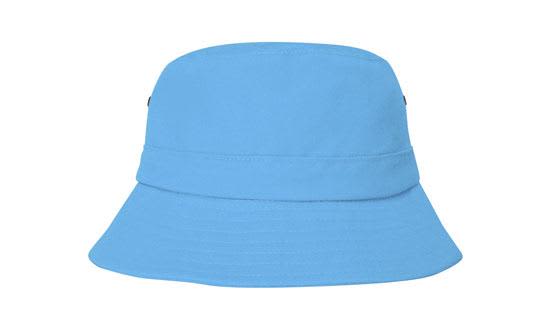 Brushed Sports Twill Youth Bucket Hat HE-4133 A blue infants bucket hat with a wide brim and a logo on the side. Ideal for outdoor use.