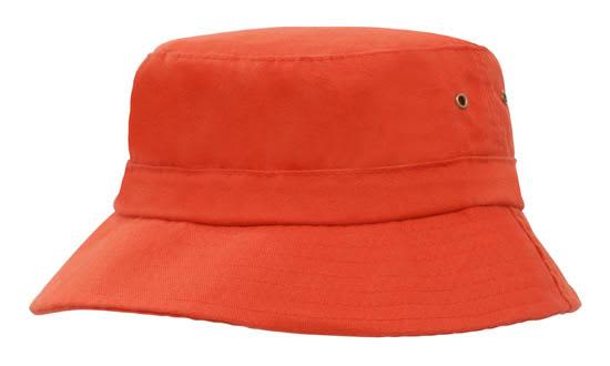 Brushed Sports Twill Youth Bucket Hat HE-4133 An orange infants' bucket hat made of brushed sports twill, featuring a rounded top and wide brim.