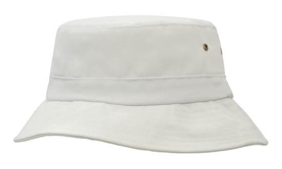Brushed Sports Twill Youth Bucket Hat HE-4133 A white bucket hat with a wide brim and a branded logo on the side.
