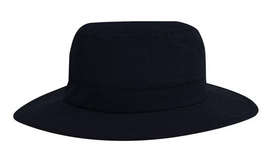 Microfibre Adjustable Bucket Hat HE-4134 A black microfibre adjustable bucket hat with a wide brim and a branded logo.