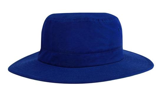 Microfibre Adjustable Bucket Hat HE-4134 A navy blue microfibre adjustable bucket hat with a wide brim. It features a branding logo.