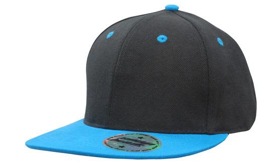 Premium American Twill Youth Size with Snap Back Pro Junior Styling HE-4137 A black cap with a blue peak and button, featuring a logo on the side. Suitable for youth sizes.