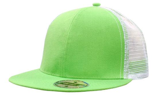 Premium American Twill with Mesh Back & Snap Back Pro Styling HE-4138 A green cap with a mesh back and a snapback closure, featuring a flat brim and a logo.